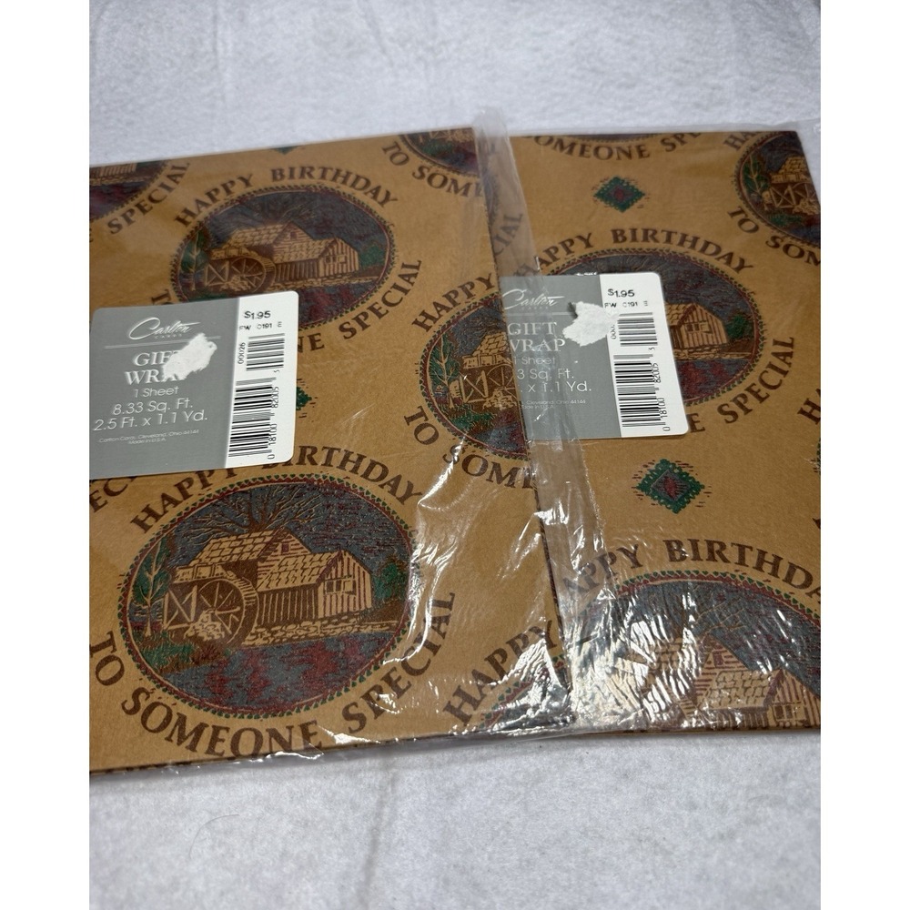 Vintage Carlton Happy Birthday Gift Wrap Lot of 2 Sealed Sheets Rustic Barn Farm